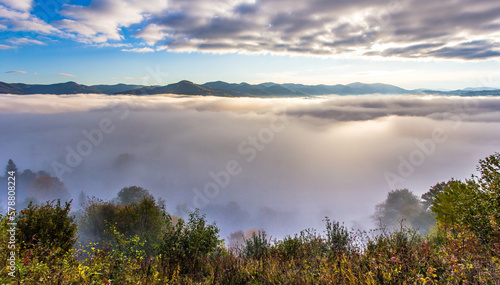foggy autumn landscape, wonderful sunset in the mountains, Carpathian mountains, Ukraine, Europe