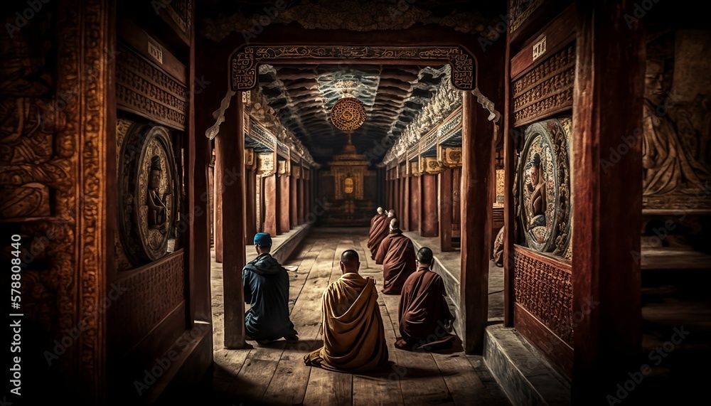 Buddhist monks in meditation, praying at temple 