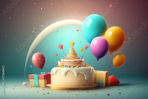 Colorful birthday background with balloons. Generative AI Illustrations