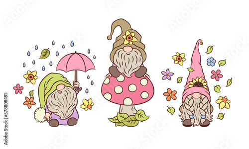 Cute spring gnomes Easter vector illustration. Springtime nature happy cheerful garden gnome. Soft pastel spring colors. Cartoon characters nordic dwarf Tomte with flowers, umbrella, on a toadstool.