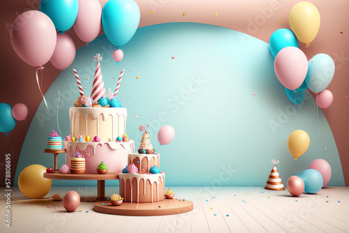 Colorful birthday background with balloons. Generative AI Illustrations