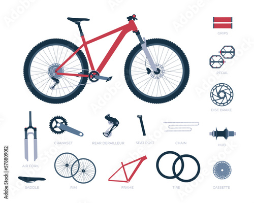 Mountain bike with a set of parts and titles. Collection of bicycle elements. Vector realistic isolated illustration in flat style