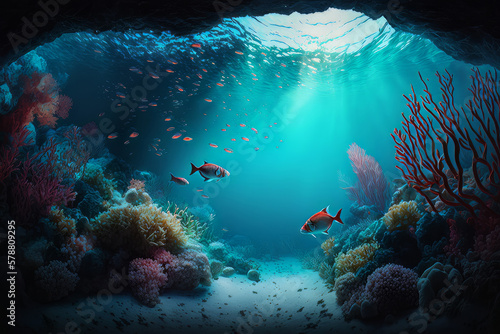 Fabulous underwater sea background. Illustration AI Generative © olegganko