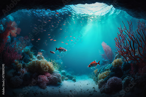 Fabulous underwater sea background. Illustration AI Generative