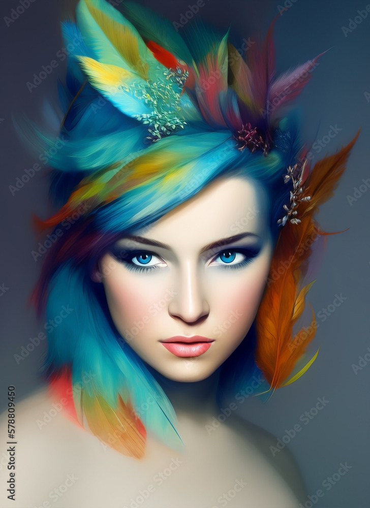 A woman with blue hair and feathers on her head A woman with blue hair and feathers on her head