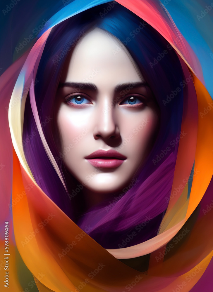 Portrait of a beautiful woman, beautiful woman with a colorful cloak on her head Portrait of a beautiful woman, beautiful woman with a colorful cloak on her head