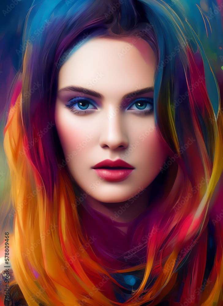 Portrait of a beautiful woman, Digital painting of a beautiful girl, Digital illustration of a female face, colorful hair