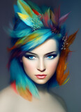 A woman with blue hair and feathers on her head
