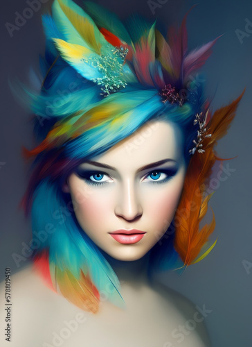 A woman with blue hair and feathers on her head © Eduardo