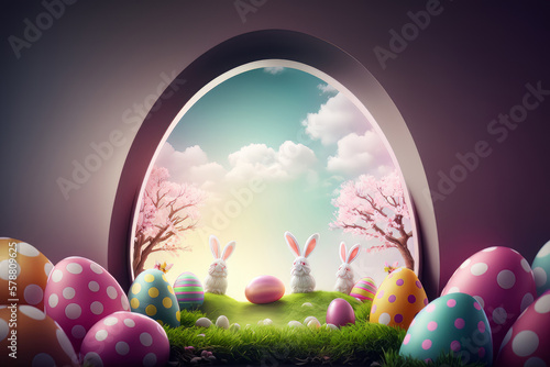 Happy Easter Greeting Background with Colorful Eggs. Illustration AI Generative