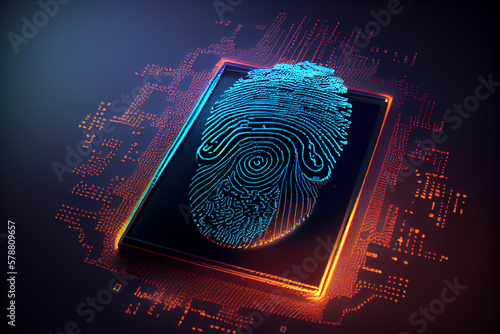Fingerprint scanner, cyber fraud protection, secure digital life concept.