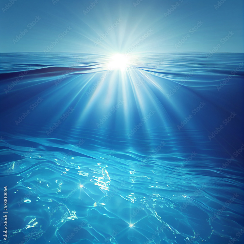 Blue underwater scene with sunlight and copy space. AI generative. Blue underwater scene with sunlight and copy space. AI generative.