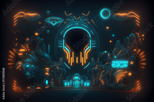 futuristic abstract background with a Neon crest sign  different symbols glowing in the dark night  extraterrestrial landscape - Generated by Generative AI