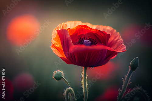 Wild red poppy flowers in meadow at summer. Generative AI