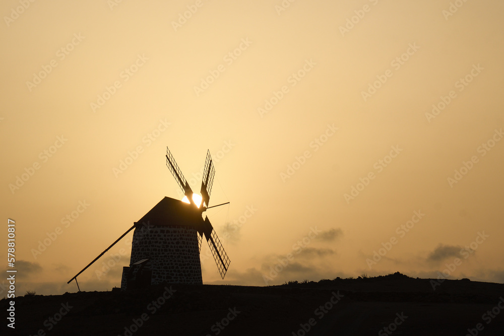 Sunset at the windmills of La Oliva in Fuerteventura