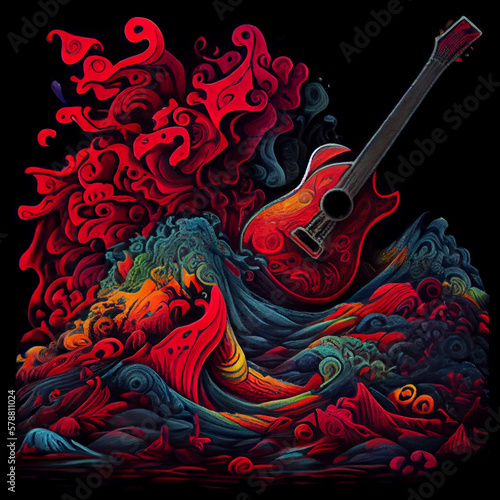 Abstract colorful surreal guitar in water wave. AI generative.