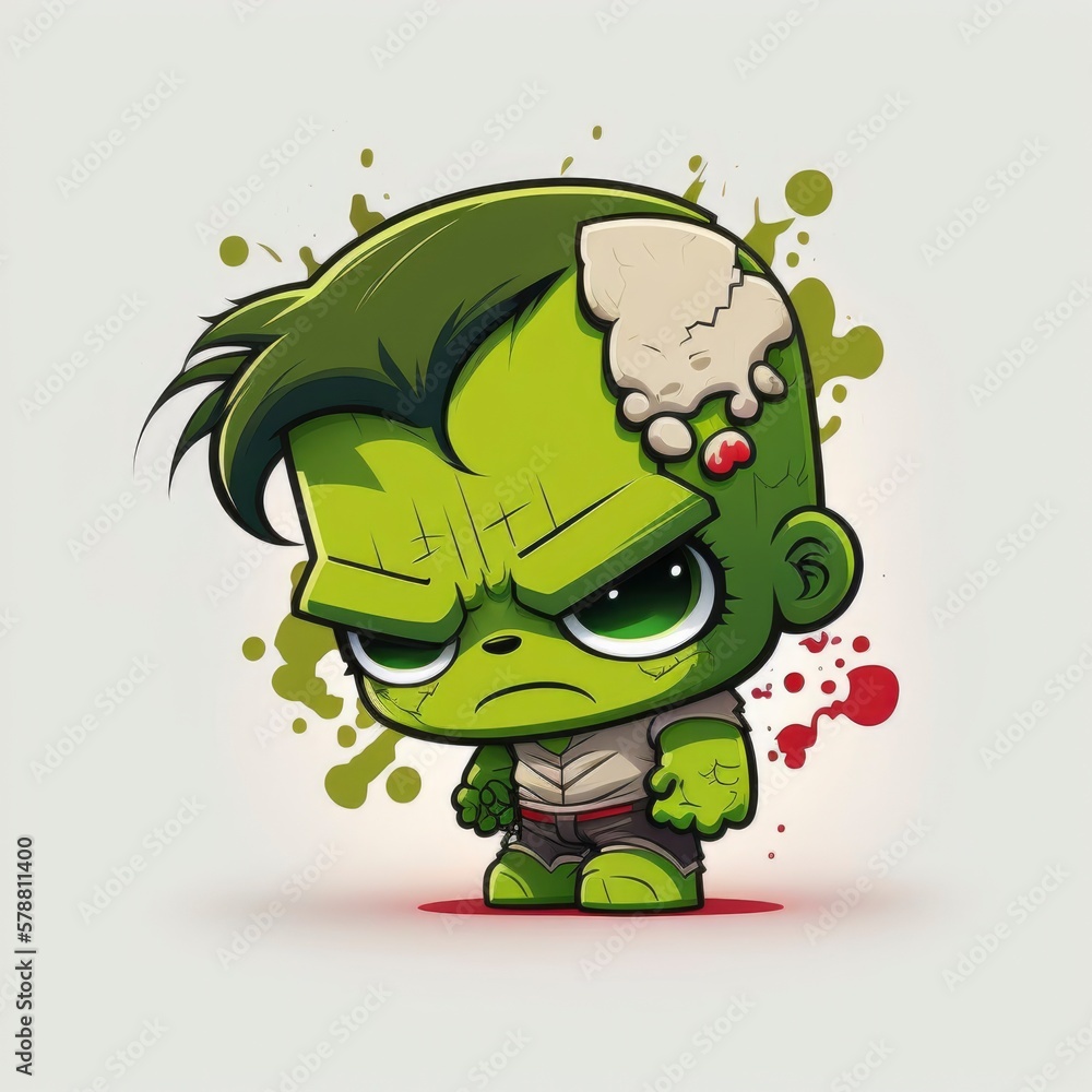 cartoon superhero zombie monster character illustration isolated on white background, caricature comic style art, deformed green 
giant strong flat design, generative ai
