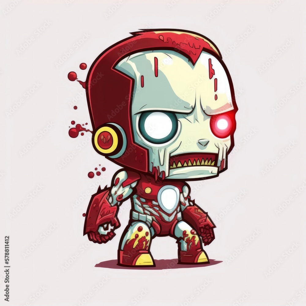 Fototapeta premium cartoon superhero zombie monster character illustration isolated on white background, caricature comic style art, deformed iron and steel flat design, generative ai