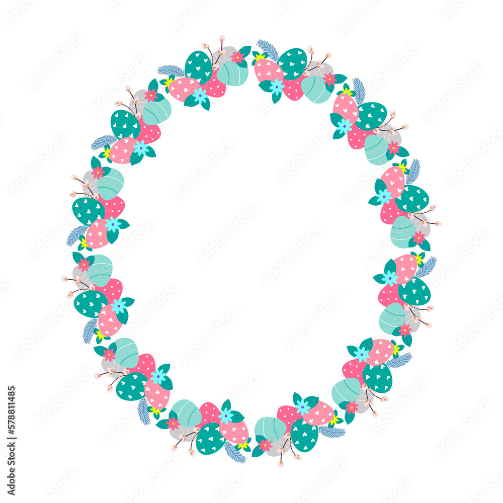 Easter flower wreath . Easter frame with decorated eggs and flowers and symbols of bright Easter Easter flower wreath . Easter frame with decorated eggs and flowers and symbols of bright Easter