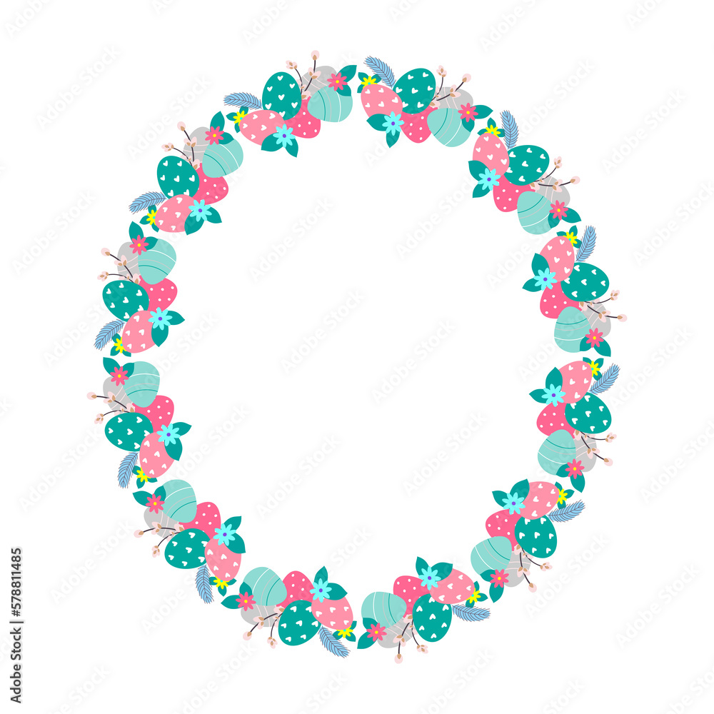 Easter flower wreath . Easter frame with decorated eggs and flowers and symbols of bright Easter