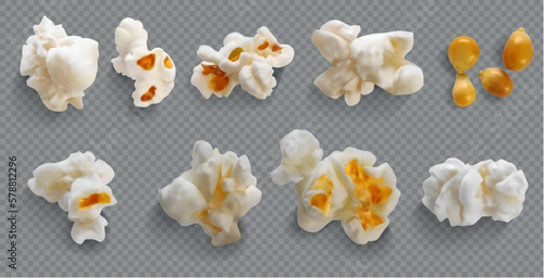 Realistic Detailed 3d Salted and Sweet Popcorn Grains Set on a Transparent Background Snack Concept. Vector illustration