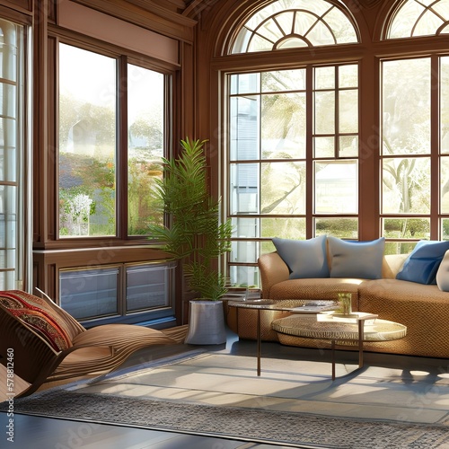 A sunroom with large windows and a comfortable seating area3  Generative AI