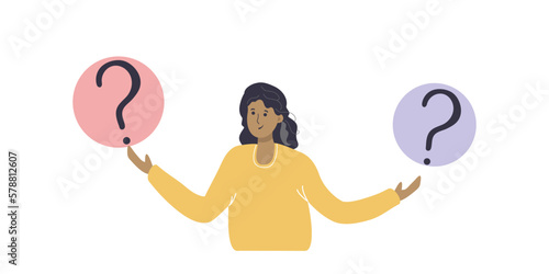 Make choice, decision concept. Puzzled business woman doubting, deciding, setting priorities. Questioned employee thinking, analyzing two options. Flat vector illustration isolated on white background