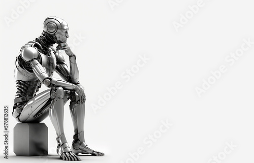 humanoid robot sitting and thinking on a white background. Pondering the future: The revolution of artificial intelligence,copy space, Generative AI photo
