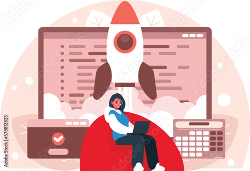 Female programmer launches a startup. Rocket launch from computer display. Freelancer with laptop on bag chair. Programmer or freelancer sitting on the couch working on a laptop. Vector graphics
