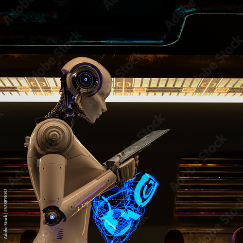 A female robot reading a book about artificial intelligence. Sci-fi background.