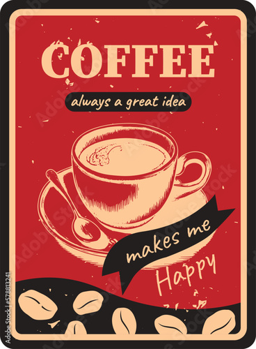 Coffee vector vintage illustration of coffee on a red background. Retro poster for cafe, restaurant, bar, pub. Vector elements.