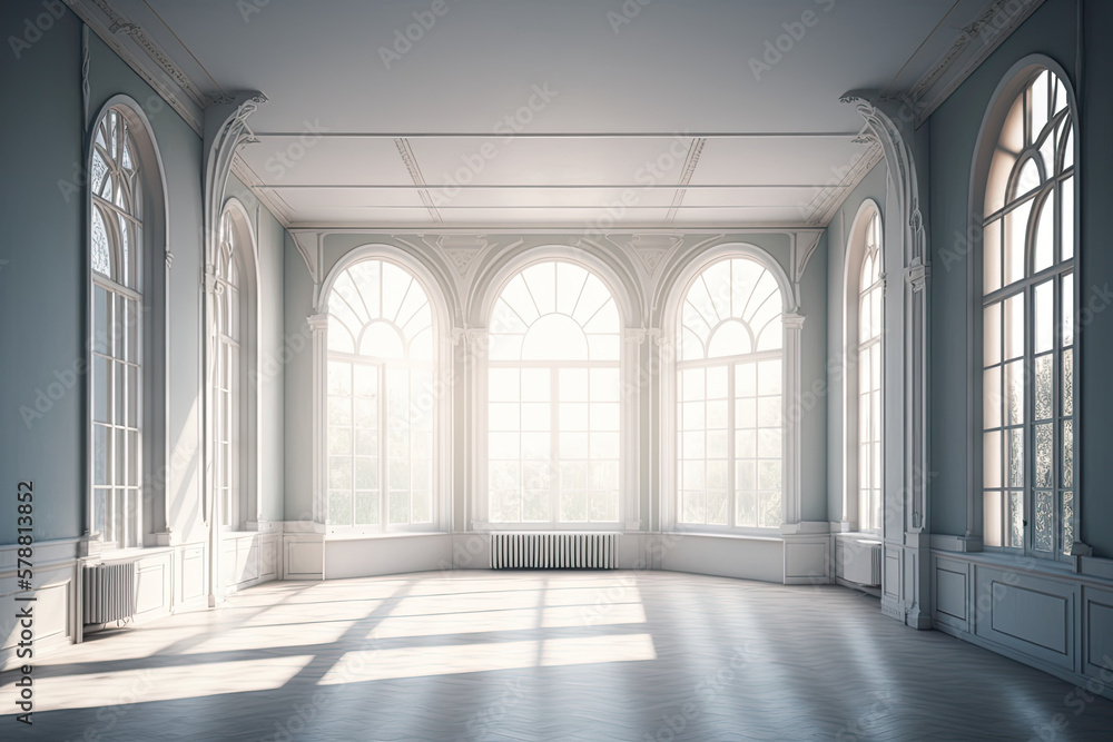 large empty room with opal walls and large windows