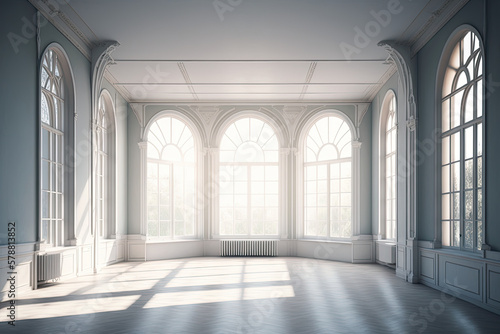 large empty room with opal walls and large windows