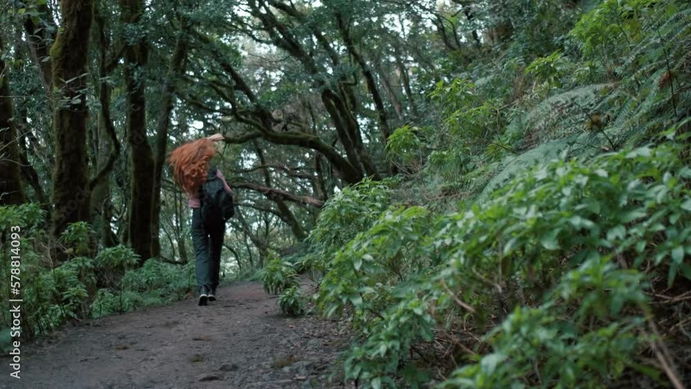 Woman is walking in an enchanted forest. Redhead girl with a long hair. Woman is walking in an enchanted forest. Redhead girl with a long hair.