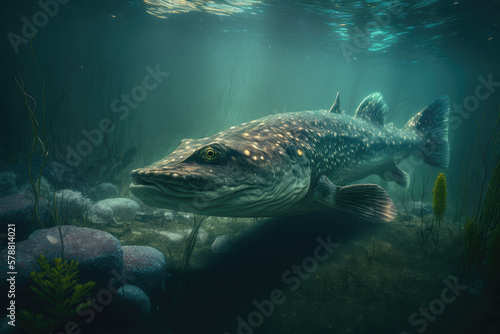 Pike fish under water in the wild created with Generative AI technology. © Yuliia