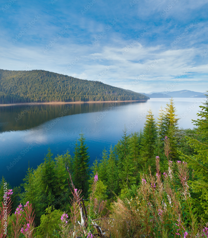 Mountain Lake Vidra summer evening view (near Romania Transalpina road)