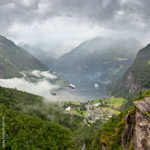 Geiranger Fjord overcast summer view from above Dalsnibba mount  Norway