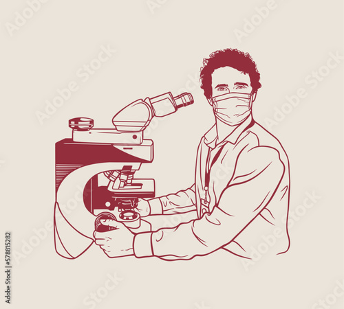 Male doctor wearing a mask using a microscope in the laboratory. Vector illustration
