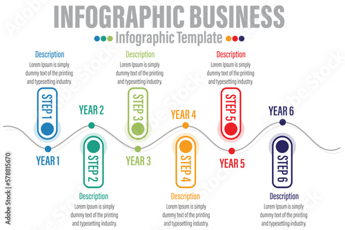 6 Steps Modern Timeline diagram with pip tag and workflow presentation vector infographic. Infographic template for business. 