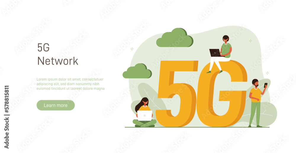 Concept of 5G mobile network, wireless Internet connection technology. Wifi illustration. People use device to connect Internet network Modern colorful flat vector illustration for poster, banner.