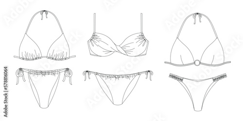 "Woman sustainable swimwear, technical drawing, template, sketch, flat, mock up. Recycled PA, Recycled PES, Lycra fabric swimwear front view, white color"