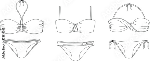"Woman sustainable swimwear, technical drawing, template, sketch, flat, mock up. Recycled PA, Recycled PES, Lycra fabric swimwear front view, white color"
