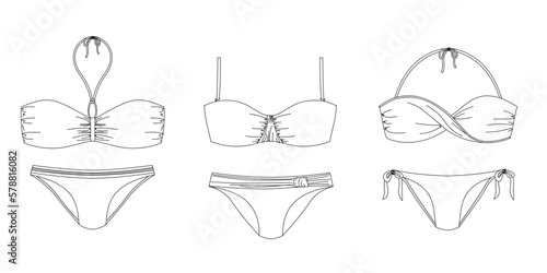 "Woman sustainable swimwear, technical drawing, template, sketch, flat, mock up. Recycled PA, Recycled PES, Lycra fabric swimwear front view, white color"