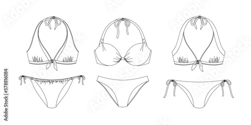 "Woman sustainable swimwear, technical drawing, template, sketch, flat, mock up. Recycled PA, Recycled PES, Lycra fabric swimwear front view, white color"