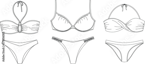 "Woman sustainable swimwear, technical drawing, template, sketch, flat, mock up. Recycled PA, Recycled PES, Lycra fabric swimwear front view, white color"