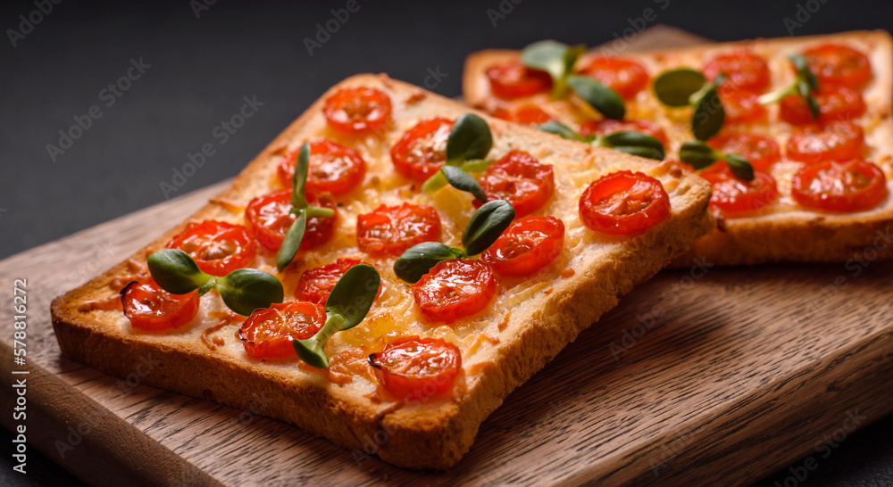 Delicious fresh toast or bruschetta with tomatoes, cheese, herbs, salt and spices