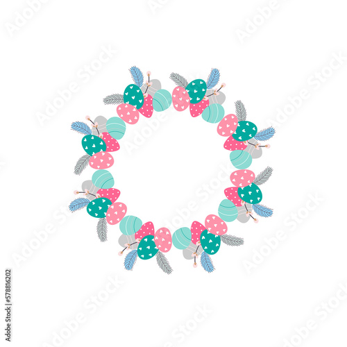 Easter flower wreath . Easter frame with decorated eggs and flowers and symbols of bright Easter