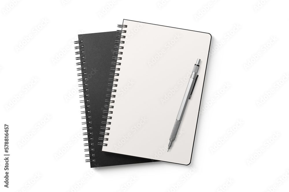 Spiral bound notebook mockup template with black paper cover isolated on a transparent background, PNG. High resolution. - obrazy, fototapety, plakaty 