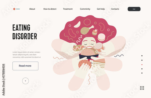 Mental disorders web template. Eating disorder - modern flat vector illustration of a woman stuffing herself meeting with a stress experience. People emotional, psychological, mental traumas concept