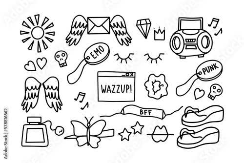 Hand drawn 2000s cliparts. Vector line big set. Collection of 2000's elements in doodle style. Stylized vector set